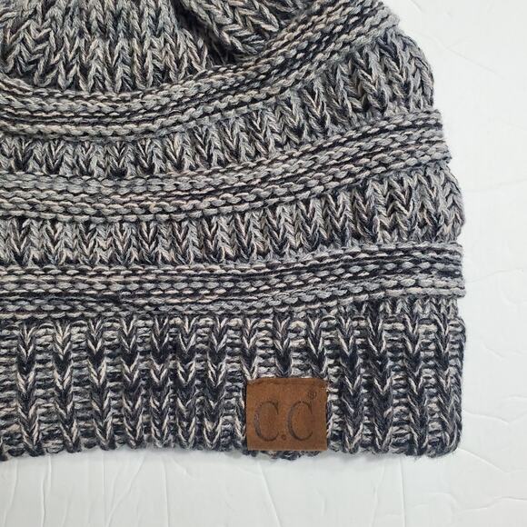 C.C. Beanie Black Grey Marl Slouchy Beanie Tan Black Pompom Winter Snow Cold Hat - Picture 3 of 6